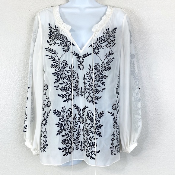 Alice + Olivia Blue/White Preston Embroidered Long Sleeve Peasant Top Size S - Picture 2 of 9